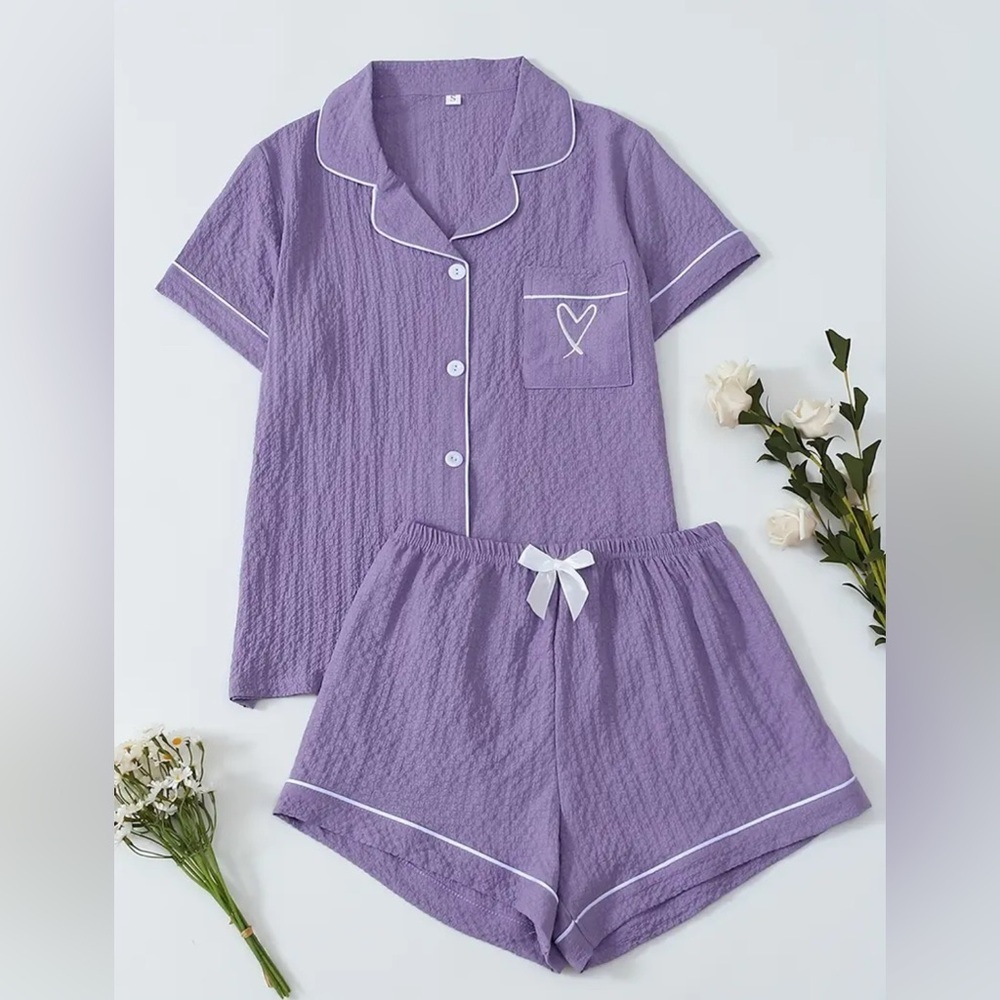 Lavender Purple Pajama Set Women’s M | Textured Sleepwear Shorts Heart Pocket